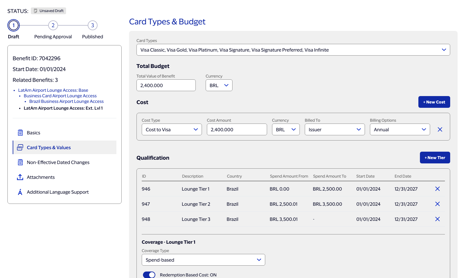 Card Types and Budget section in edit mode, showing a cost row with a delete icon, a tier table, and a coverage block with coverage type set to spend-based.