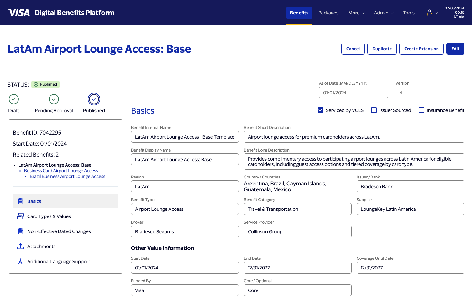 Base benefit page in published view mode, showing title, status wizard, sidebar with related benefits, and the Basics section fields.