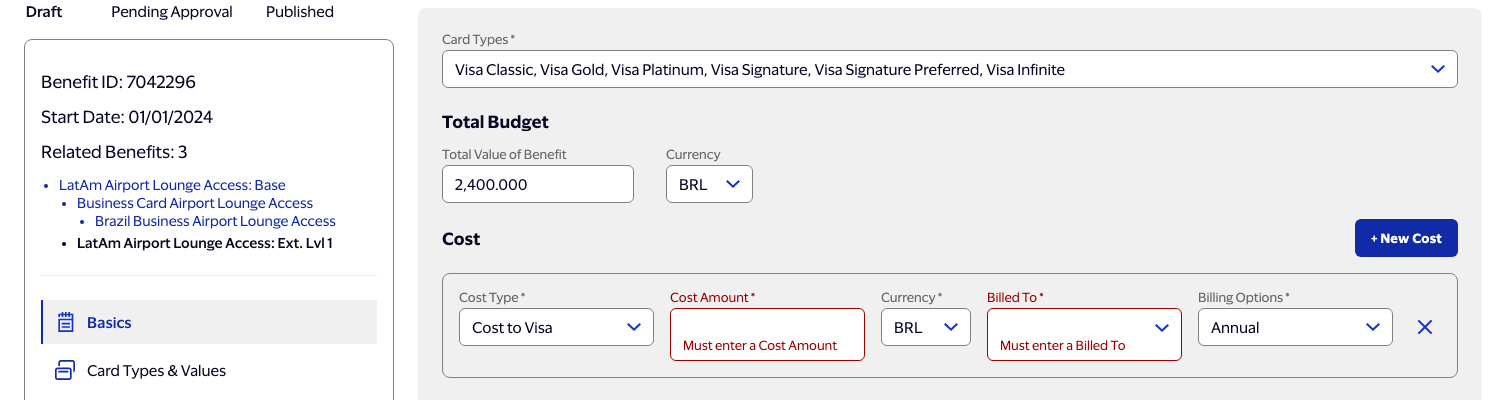 Cost row with two required fields showing red-outlined error boxes containing their error messages, all fields still aligned in one row.