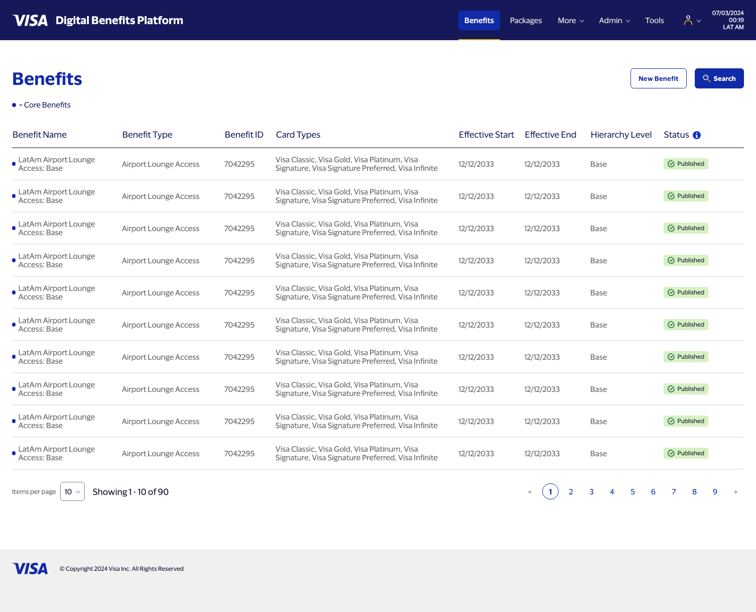 Benefits menu table showing ten rows with status badges, pagination for nine pages below.