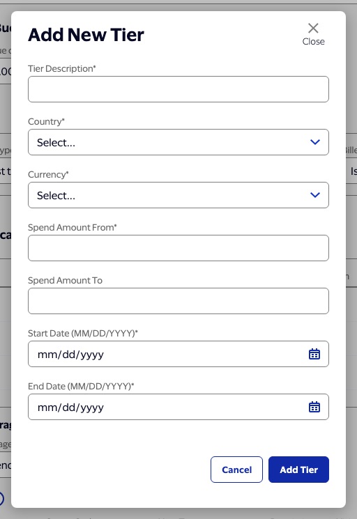 Add New Tier modal overlay with fields for tier description, country, currency, spend amount from and to, start and end dates.