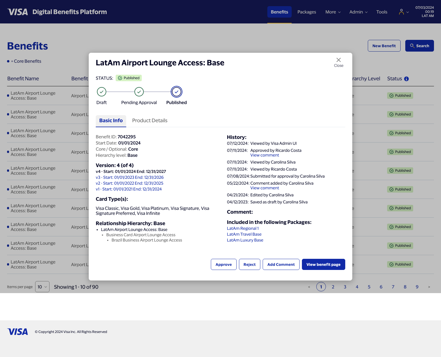 Detail overlay open over the menu, Basic Info tab, showing status wizard, benefit ID, version history and relationship hierarchy.