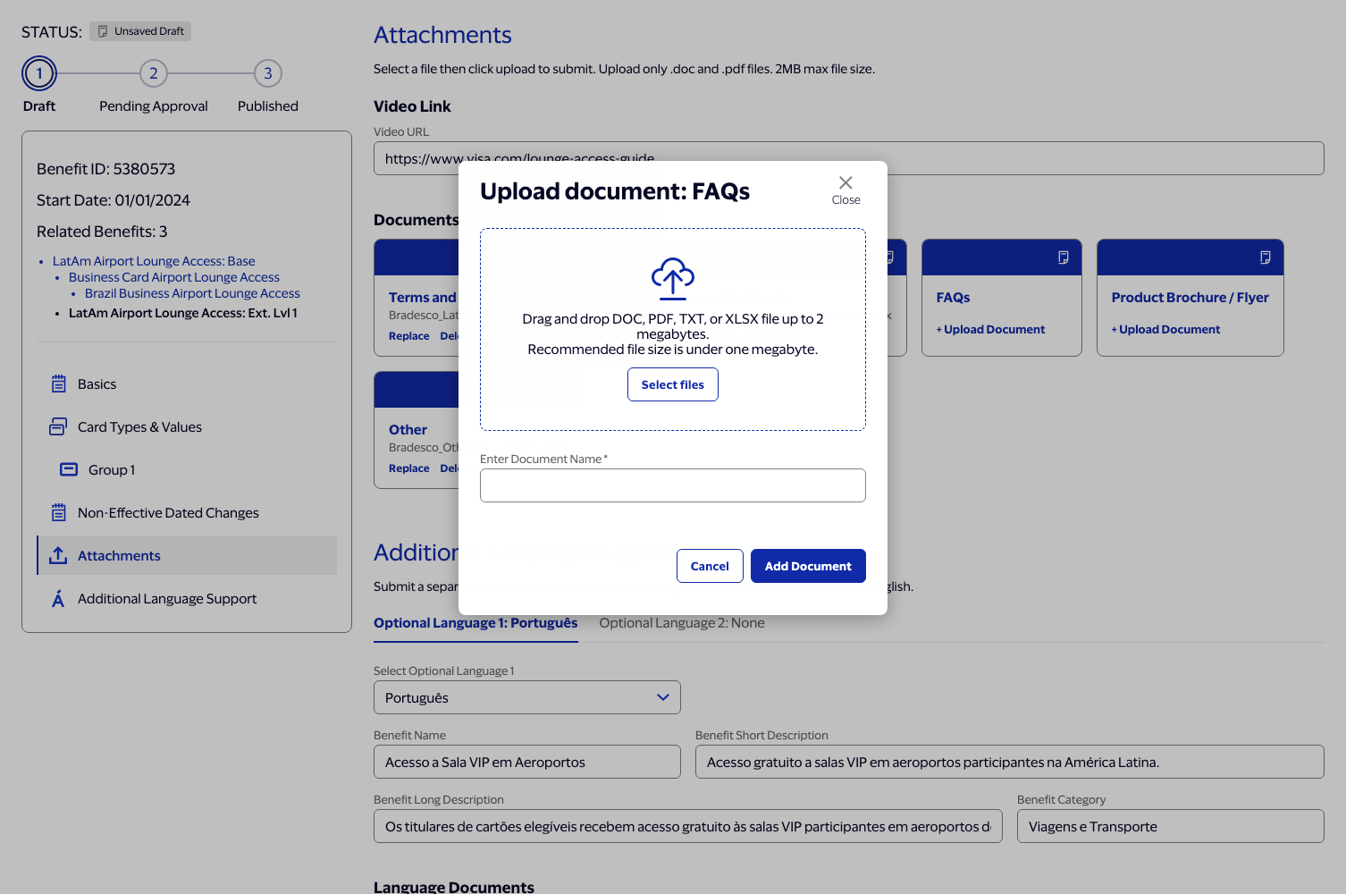 Upload document overlay showing a dashed dropzone with a cloud upload icon and a required Document Name field.