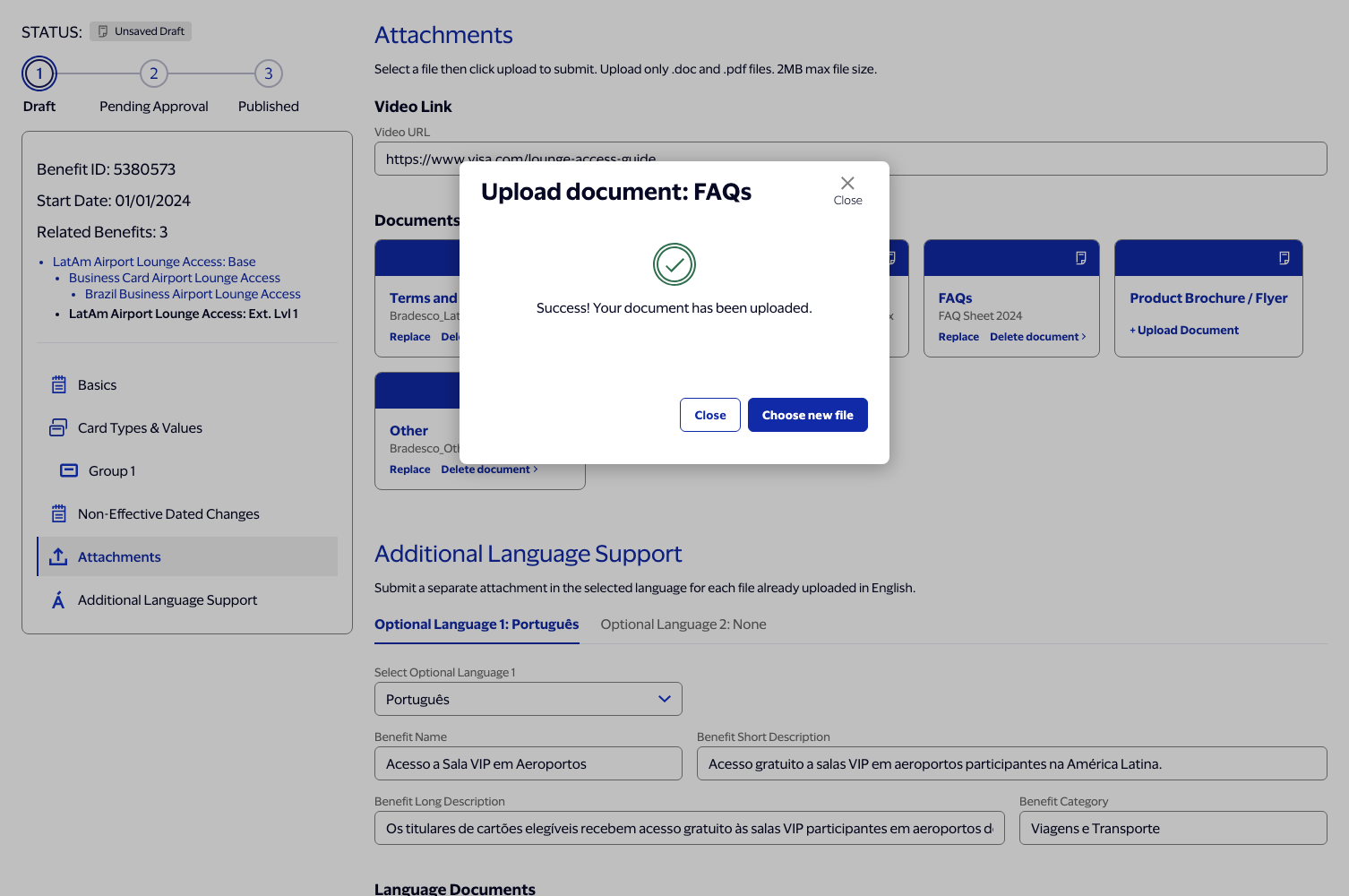 Upload document overlay showing a green checkmark and a success message, with Close and Choose New File buttons.