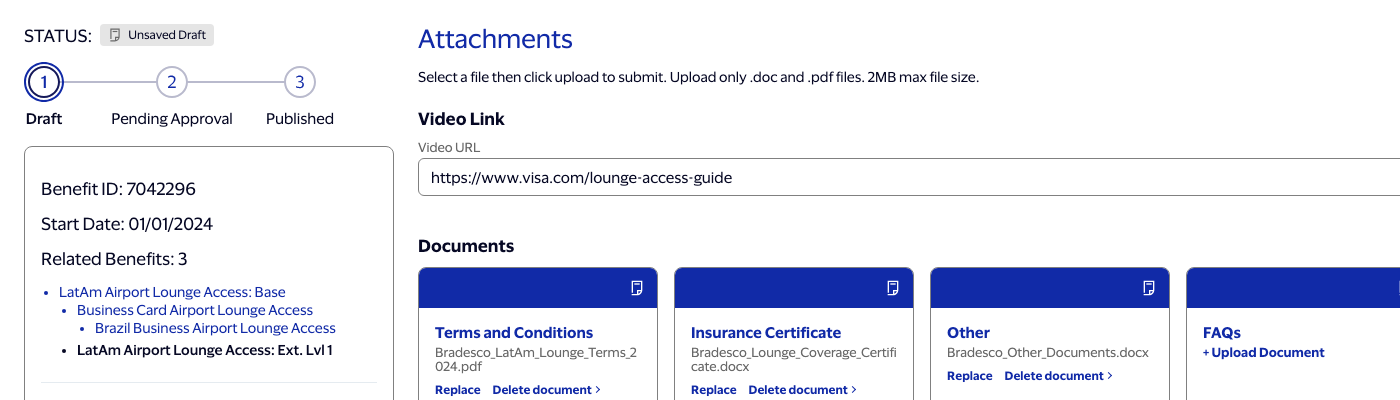 Attachments section in edit mode showing document tiles including new FAQs tile with an upload document link.