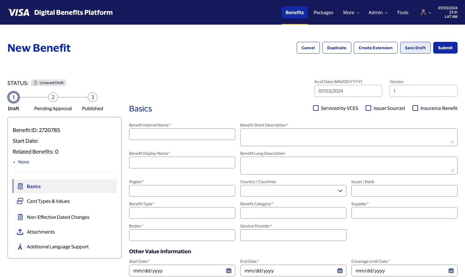 New, blank benefit page with all Basics fields empty, one blank Card Types and Budget group, and a fresh random benefit ID in the sidebar.