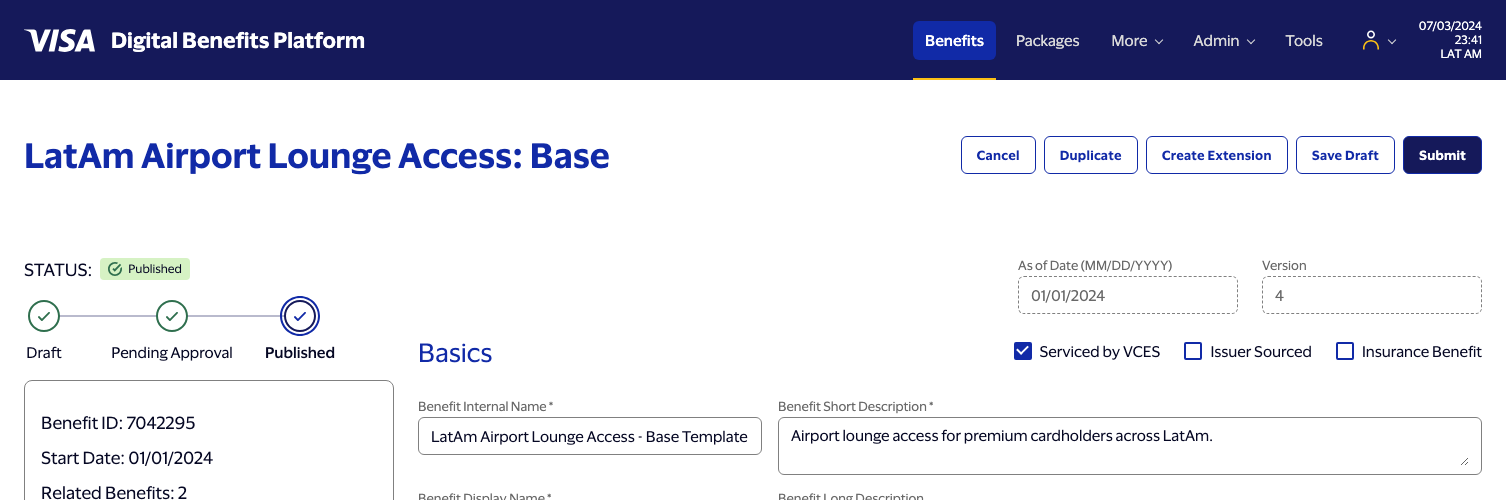 Published benefit page with the status badge still showing Published, but every Basics field now editable after clicking Edit.