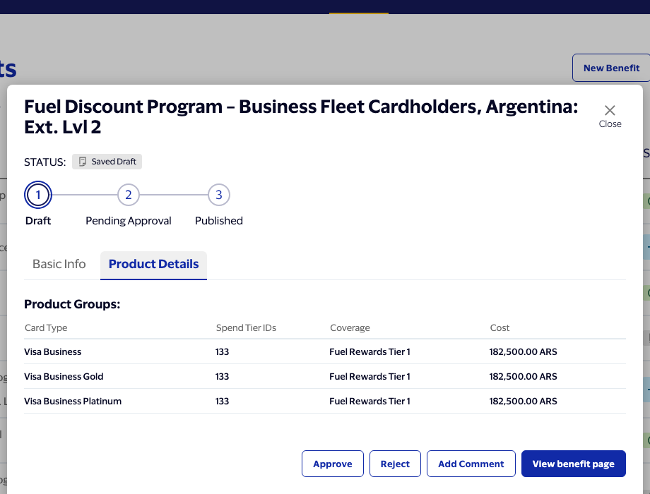 Product Details tab for an Argentina-priced benefit, showing a large Argentine Peso cost figure with two decimal places.