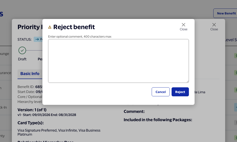 Reject benefit modal with an amber warning icon, optional comment field, stacked above the dimmed detail overlay.