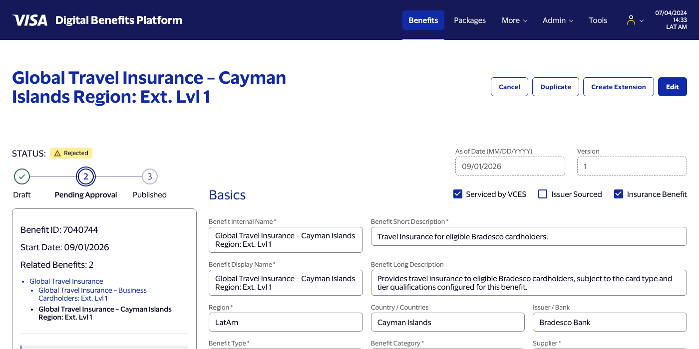 Card Types and Budget section showing a tier derived from the benefit's Product Details data, priced in KYD.
