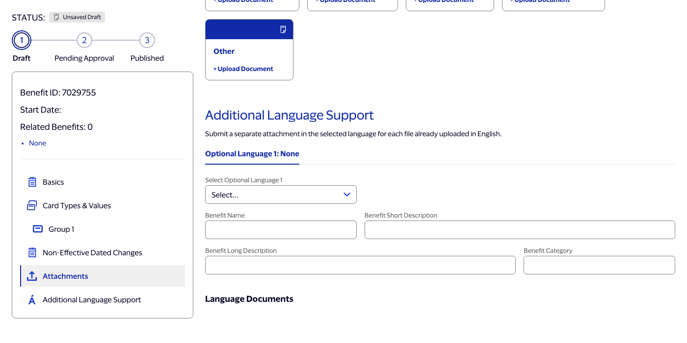 Additional Language Support section showing Optional Language 1's fields fully visible with no language selected yet.