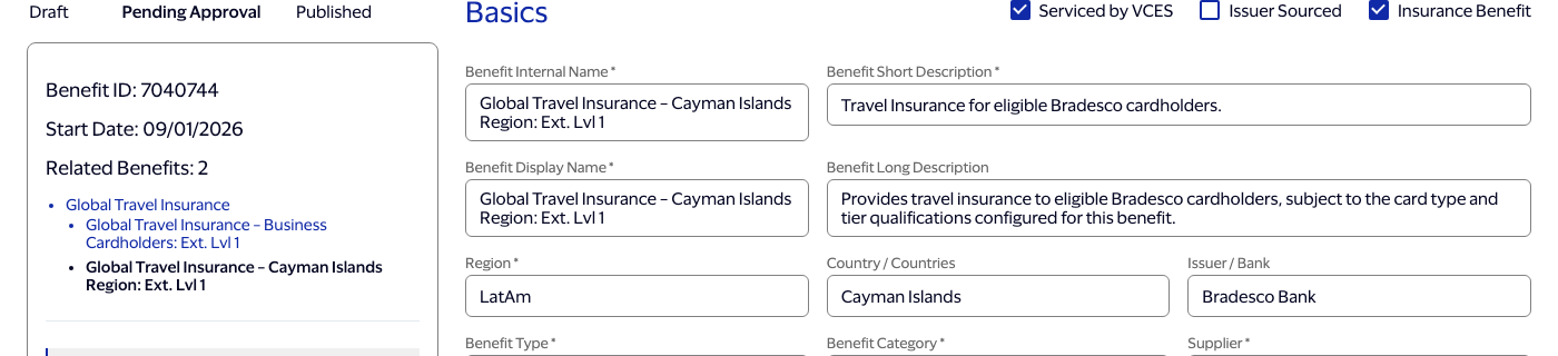 Basics section showing the correct benefit name in the Internal Name and Display Name fields, with the sidebar's sibling hierarchy visible.