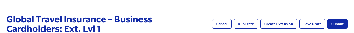 Benefit page with a long two-line title and full-width action buttons, Cancel through Submit, none of them compressed.