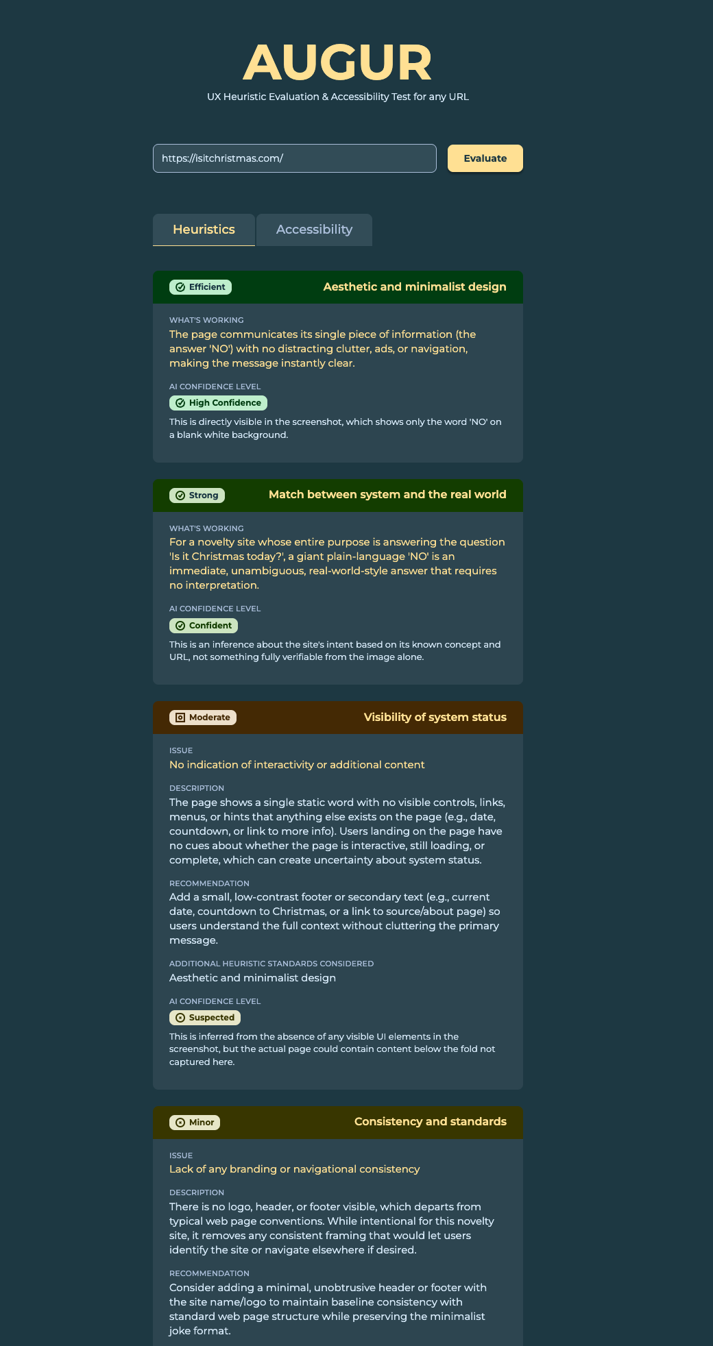 Three heuristic cards with different confidence tiers, each with its own explanation