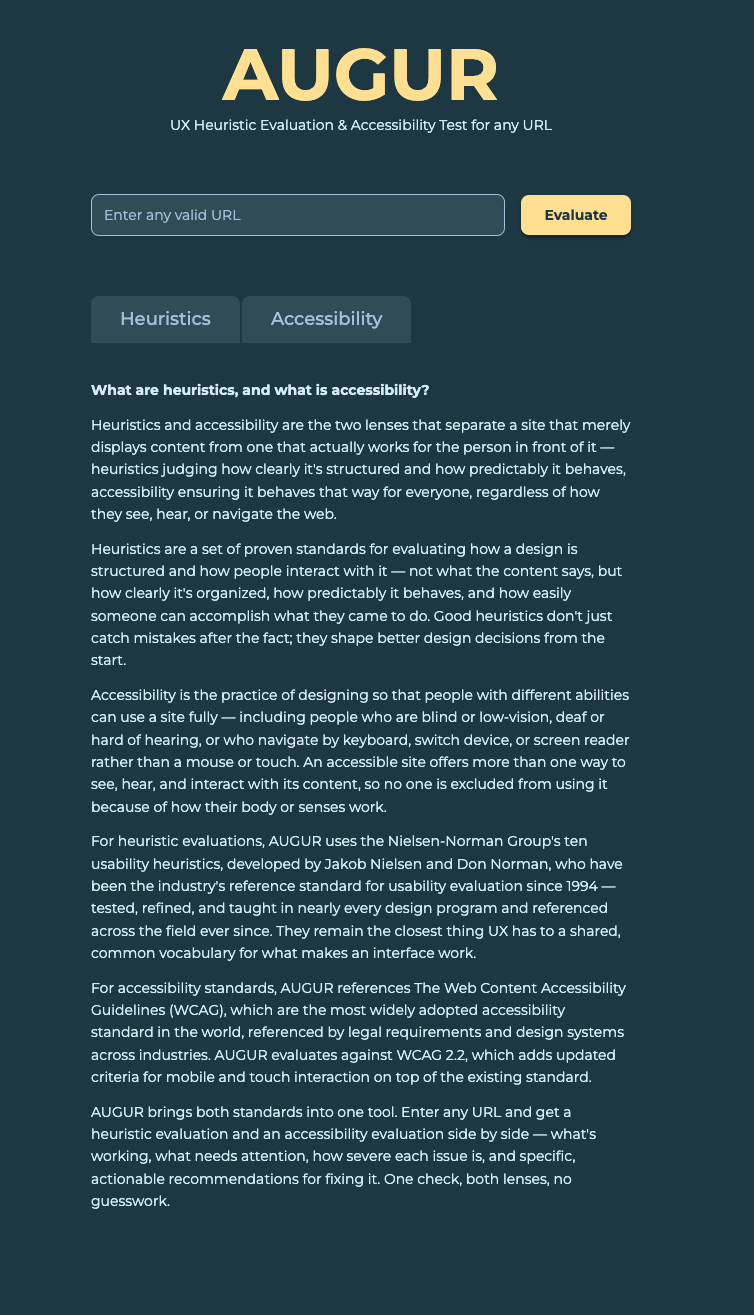 AUGUR empty state — onboarding copy explaining heuristics and accessibility before first use