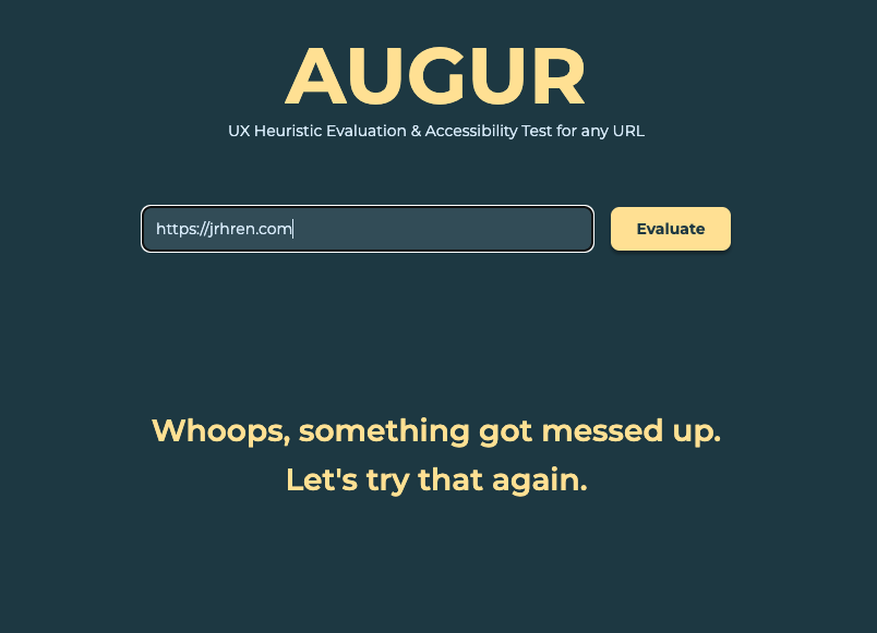 AUGUR's generic error state, shown during the first failed Vercel deployment