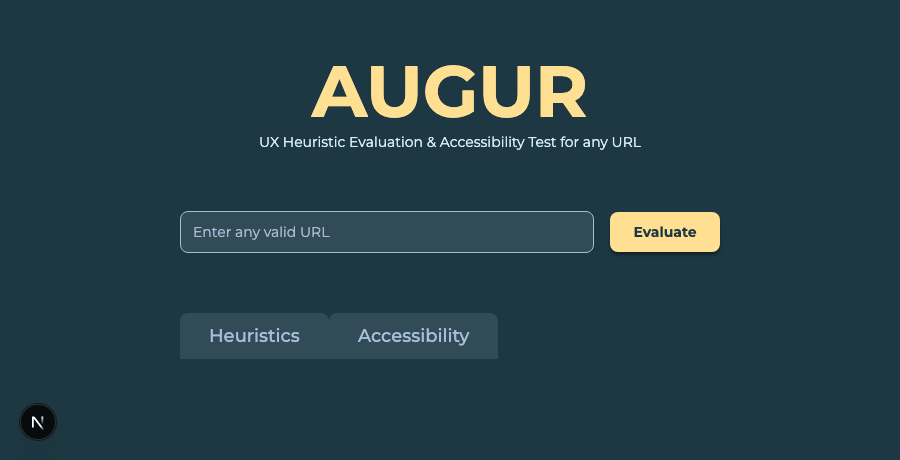 Redesigned AUGUR app matching the Figma spec: dark slate background, amber title and button, URL field, and a Heuristics/Accessibility tab row.