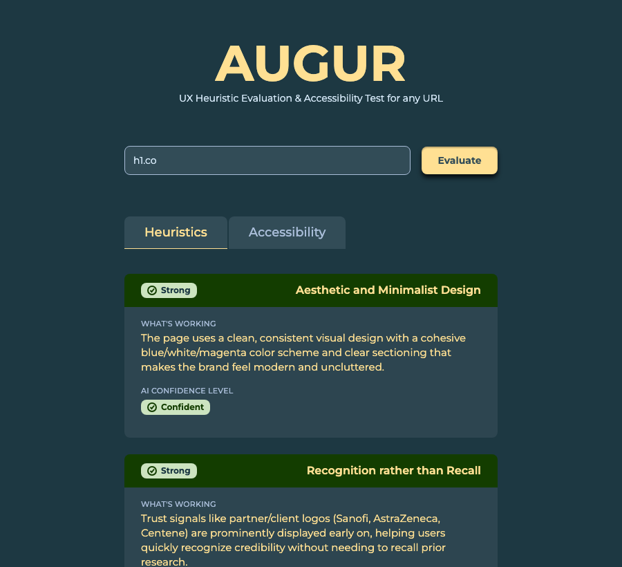 AUGUR Heuristics tab showing real working and issue cards with color-coded severity headers, badges, and icons, all built from the Figma card components.