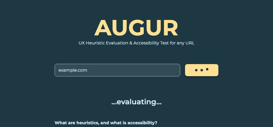 AUGUR mid-evaluation, showing the large semi-bold phrase '...evaluating...' centered where the tab row will appear, with the placeholder copy still visible below and the button's loading dots animating.