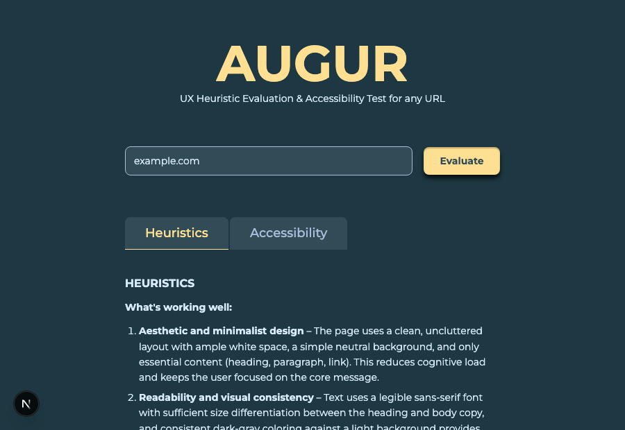 AUGUR showing a real heuristic evaluation under an active, amber-highlighted Heuristics tab, with the Accessibility tab available alongside it.