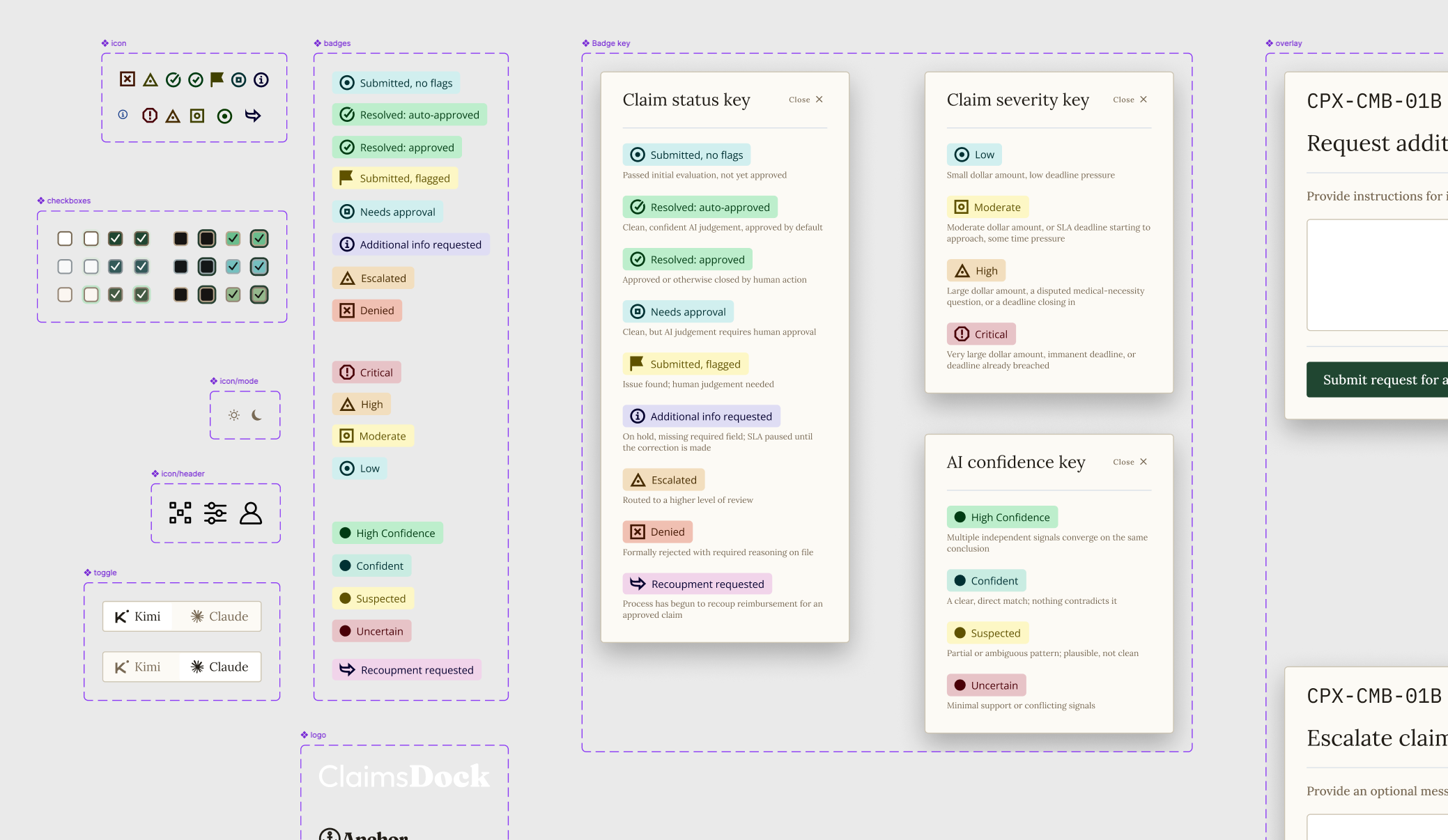 Figma component library for ClaimsDock: badges, status/severity/confidence keys, icons, and toggles