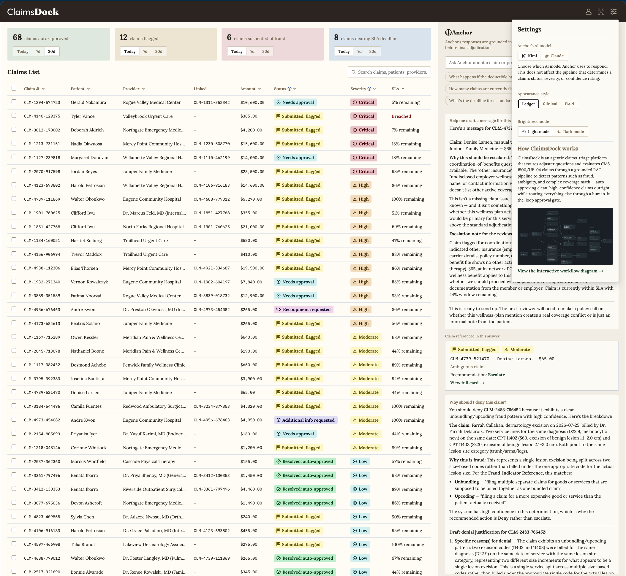 ClaimsDock claims list in Ledger light theme, with the settings panel open showing model and appearance toggles