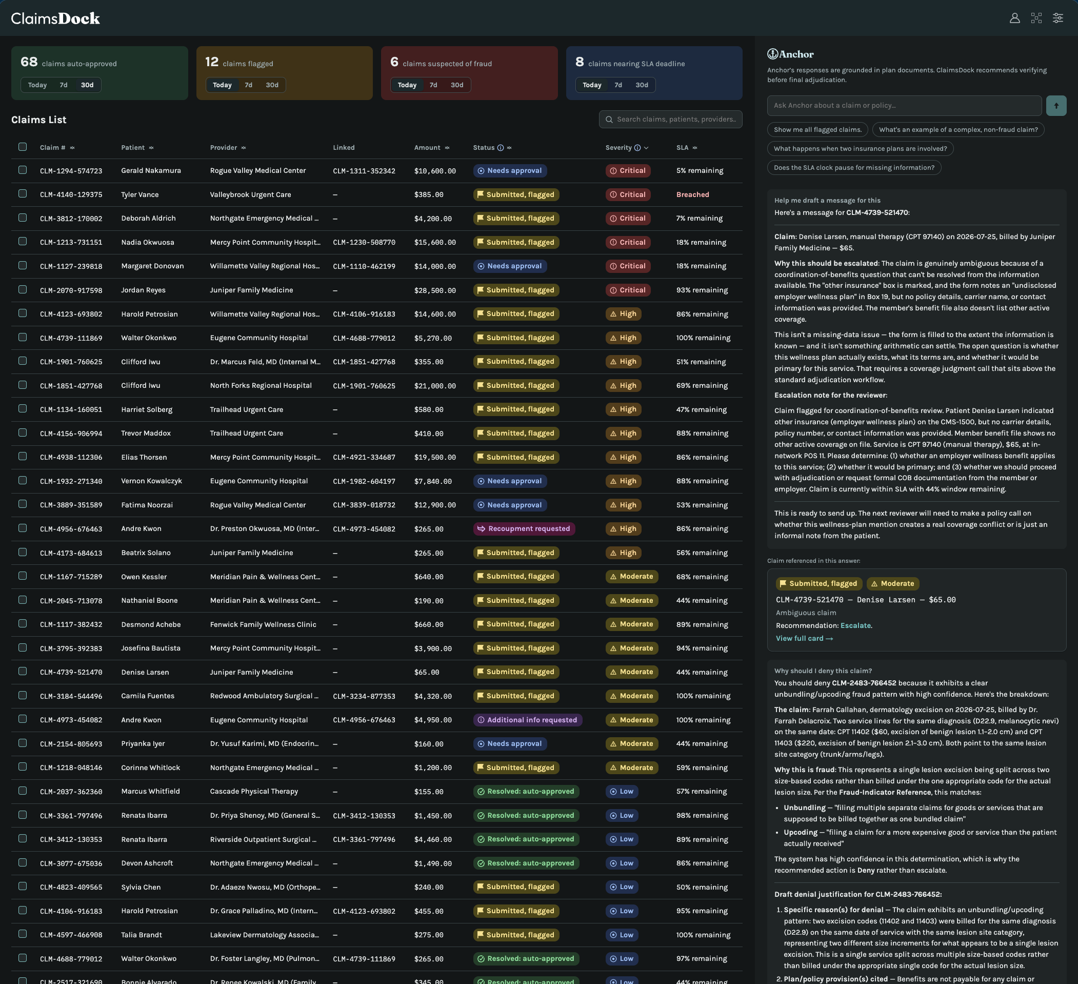 ClaimsDock claims list in Ledger dark theme, with Anchor's chat panel open