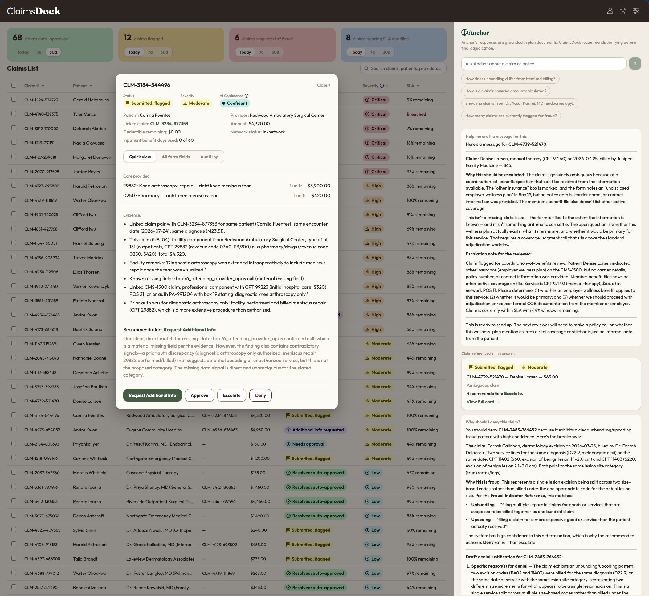 ClaimsDock claim detail overlay showing evidence, AI confidence, and the four action buttons