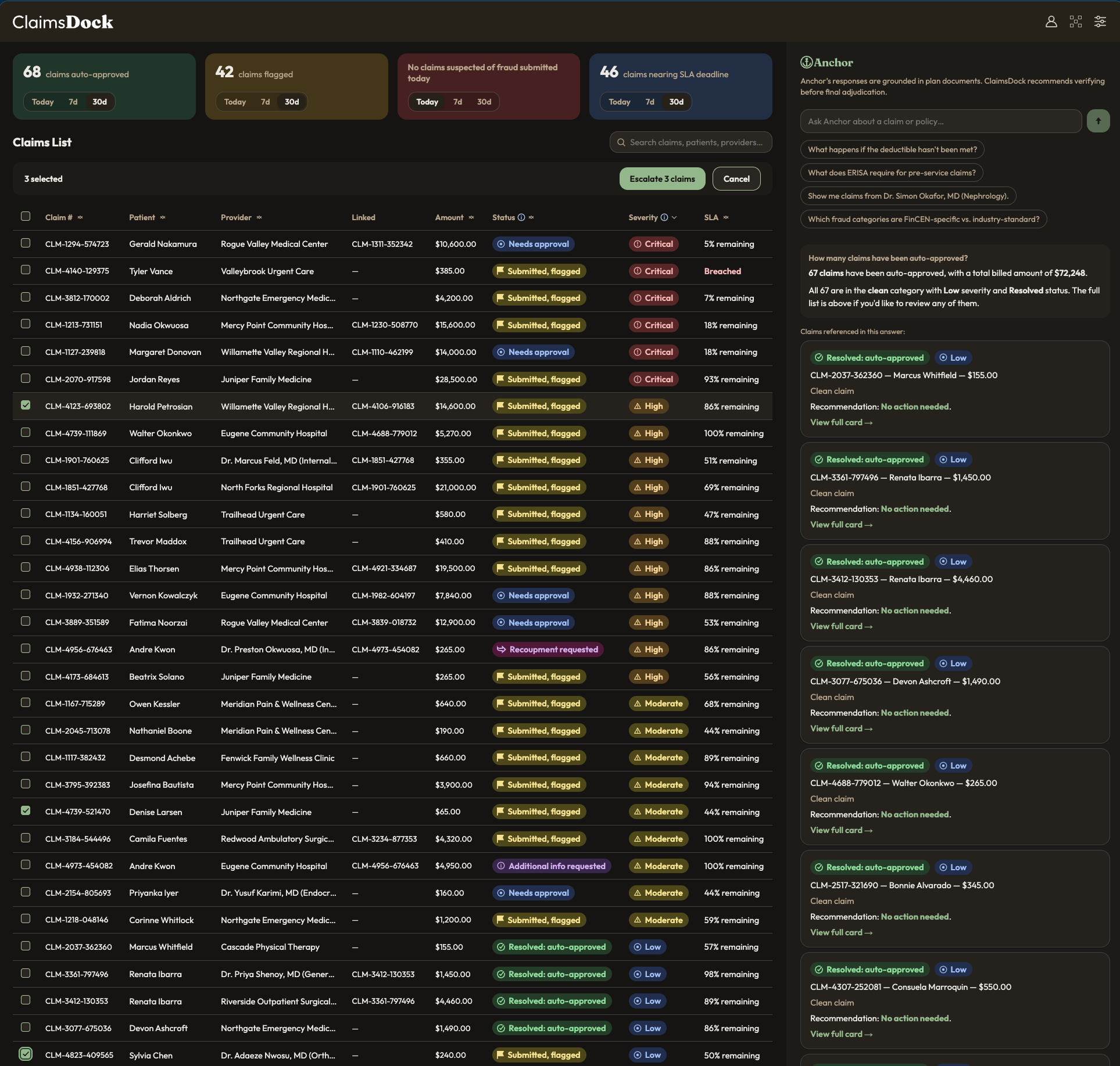 Bulk claim selection with an escalate action, and Anchor answering how many claims have been auto-approved with a full evidence list