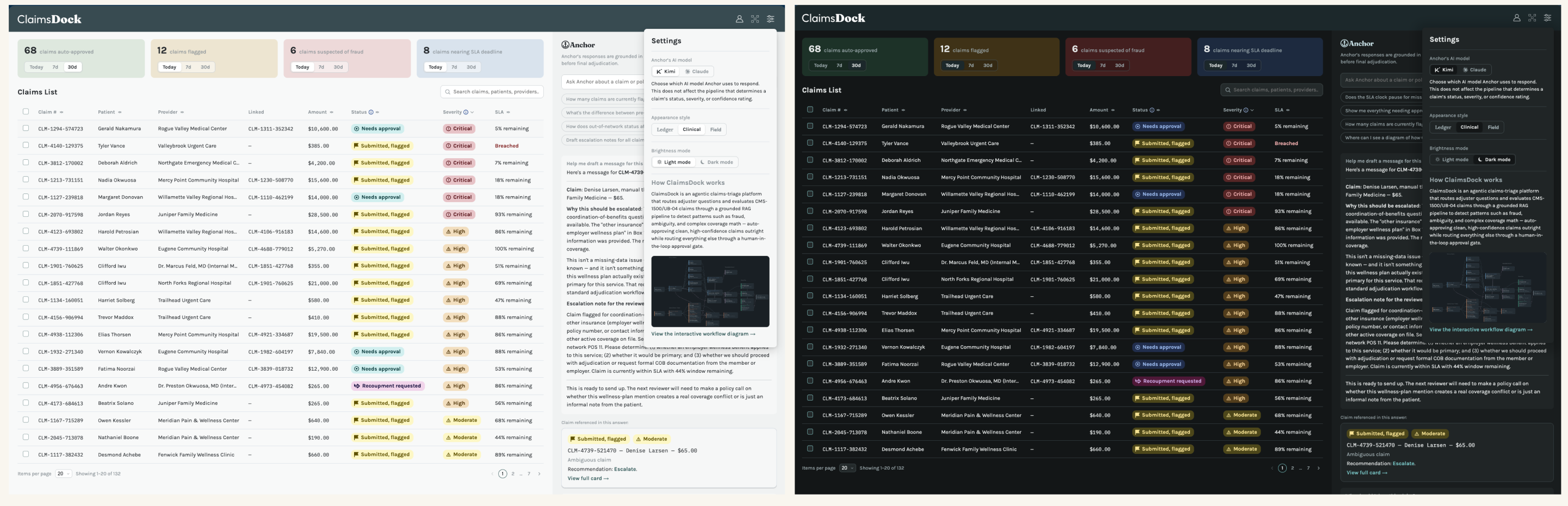 ClaimsDock claims list in the Clinical style, light and dark modes side by side — sans-serif and precision-first