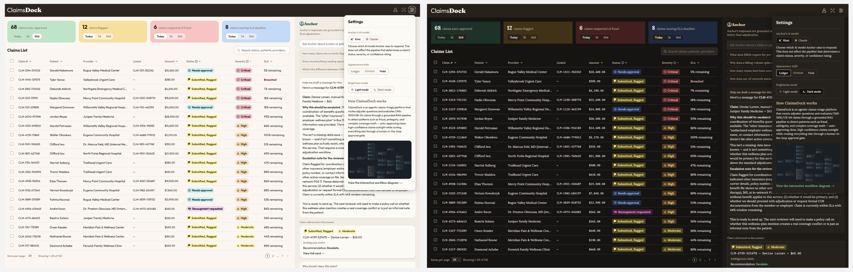 ClaimsDock claims list in the Field style, light and dark modes side by side — warmer, rounded status badges