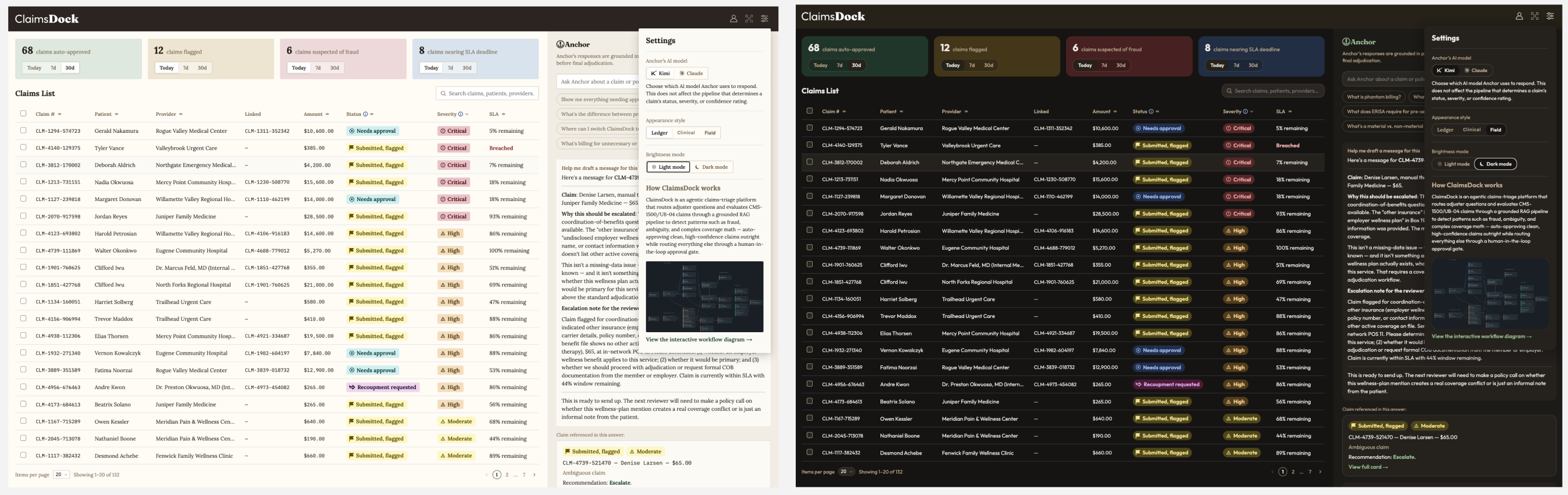 ClaimsDock claims list in the Ledger style, light and dark modes side by side — dense and tabular