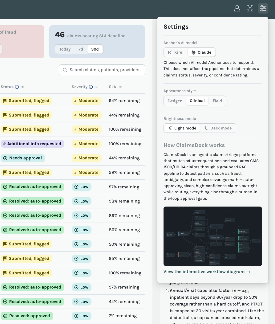 Close-up of the Settings panel, describing ClaimsDock as an agentic claims-triage platform built on a grounded RAG pipeline