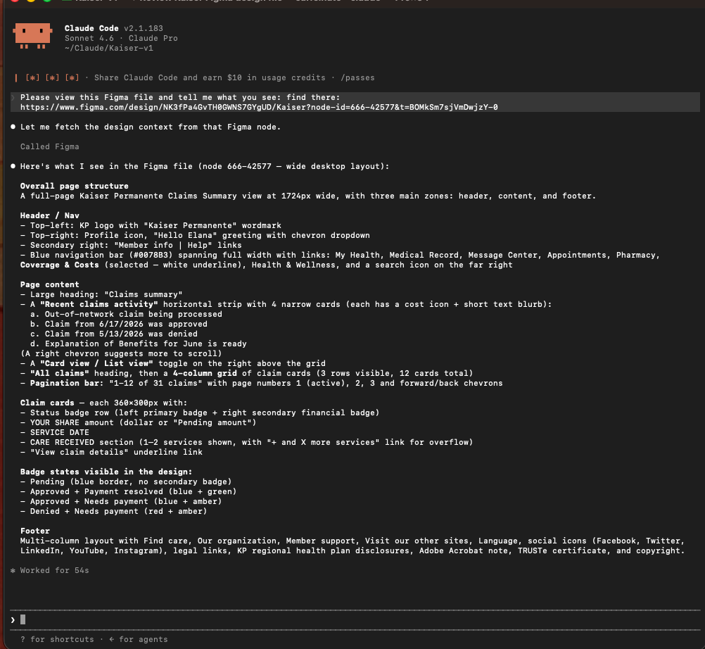 Claude Code reading the Figma design file via MCP