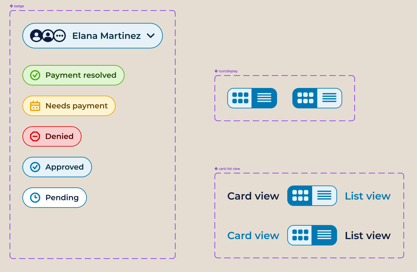 Figma component system — badges and card states