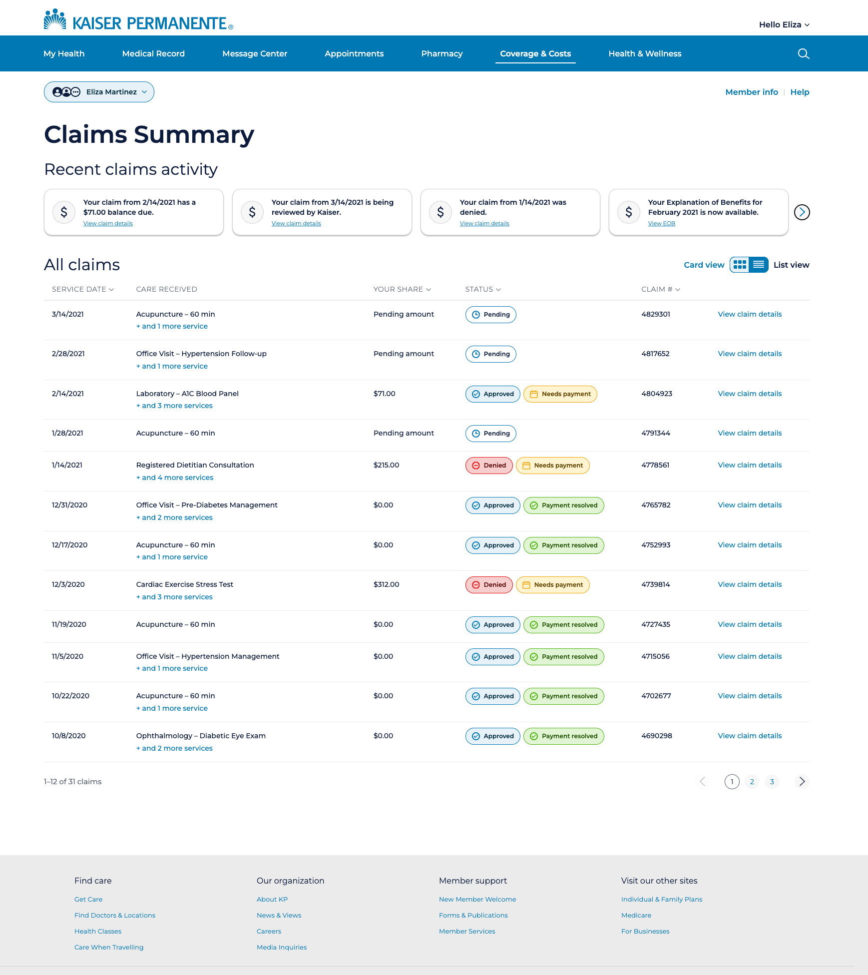Claims table view — desktop