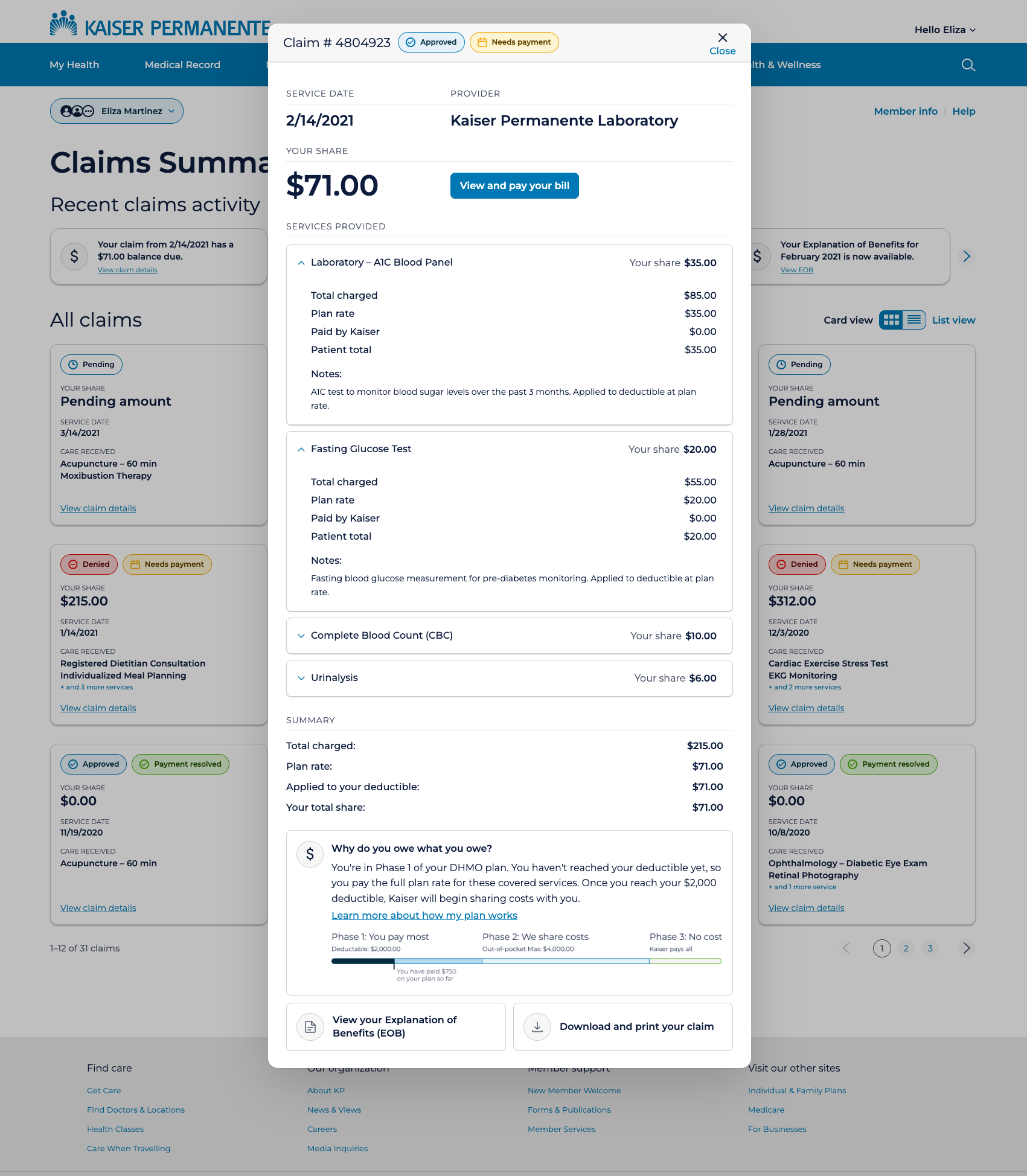 Claim detail overlay — denied claim
