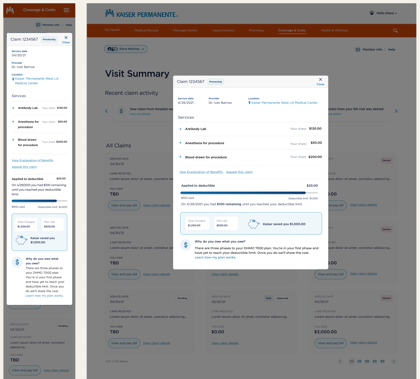 Claim detail overlay with Kaiser saved and progress bar