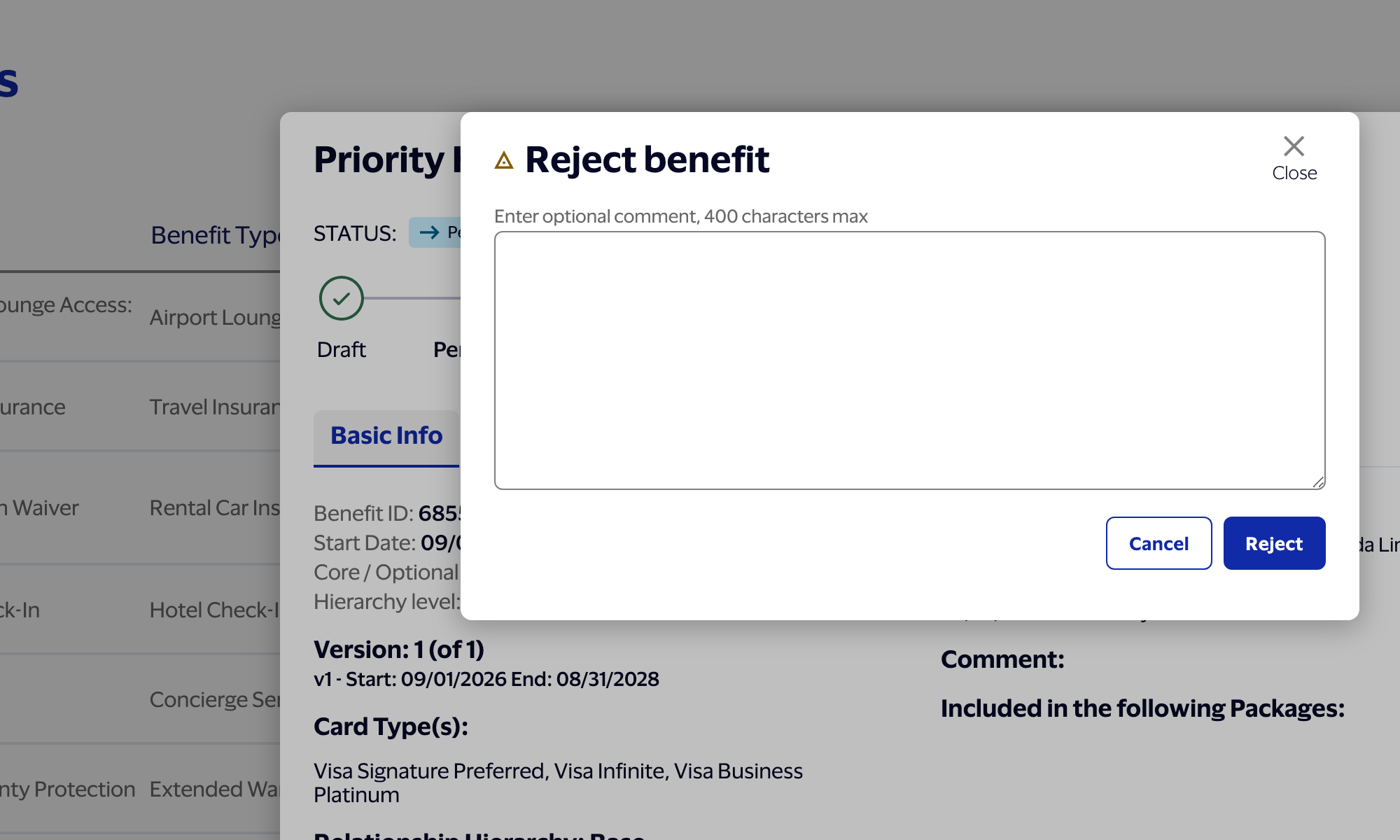 Working prototype: Reject benefit modal stacked over the detail overlay